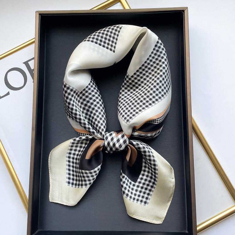1Pcs 70Cm Checkerboard Geometric Pattern Silk Scarf For Women Imitation Silk Simple Versatile Headwear Clothing Square Scarf