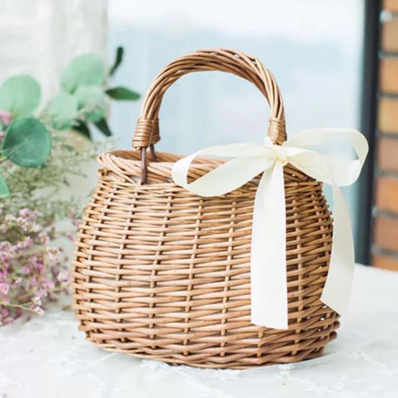 Rattan-Blumenkorb-Handtasche geflochtener Gemüsekorb Stofffutter Weidengeflecht Damen-Tasche im gleichen Stil Sommer Bambus-Rattan-Kunst