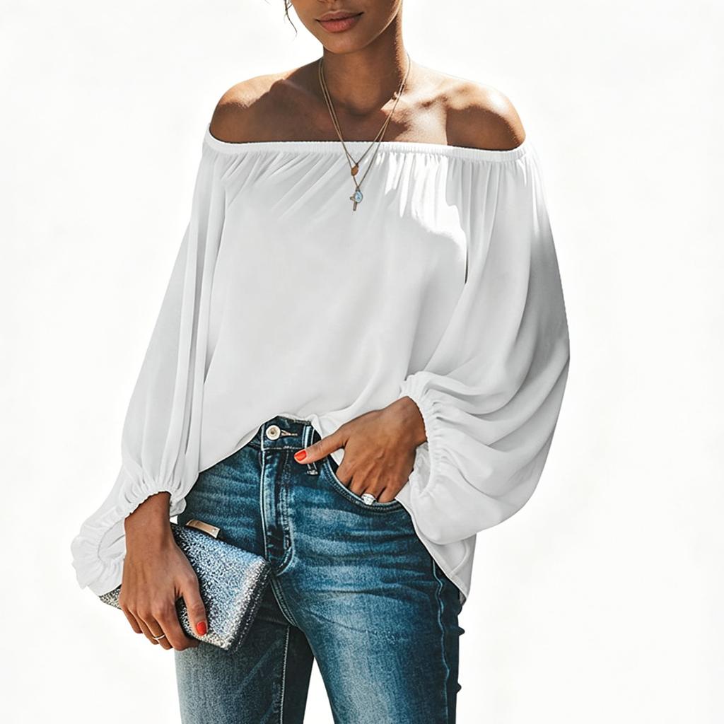 Women Off Shoulder Blouse Lantern Sleeve Long Sleeve Pullover Top Elastic Neckline Casual Shirt