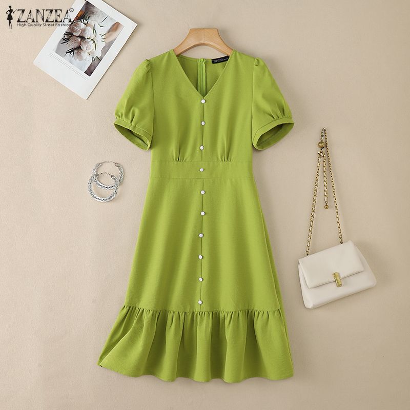ZANZEA Women Casual V-Neck Short Sleeve Elegant Ruffles Hem Dress
