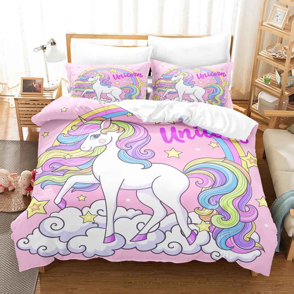 3D Cartoon Bedding Set Unicorn Rainbow Printed Duvet Cover Set Soft Skin-Friendly Single Double King Size for Kids Birthday Gift