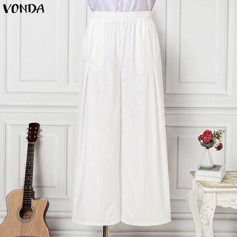 VONDA Women Elastic Waist Casual Loose Elegant Wide Leg Pants Office Trousers M белый