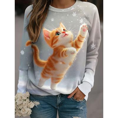 Fall Winter Pullover Women's Cute Cat Graphic Sweatshirt Trendy 3D Print O-Neck Long Sleeve Tops  Women's Apparel Streetwear