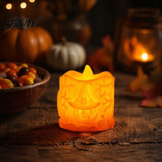 Hollow Relief Pumpkin Light Halloween LED Candle, Flameless Electronic Tealight, Embossed Resin Lantern, Portable Night Spooky Table Decor for Indoor