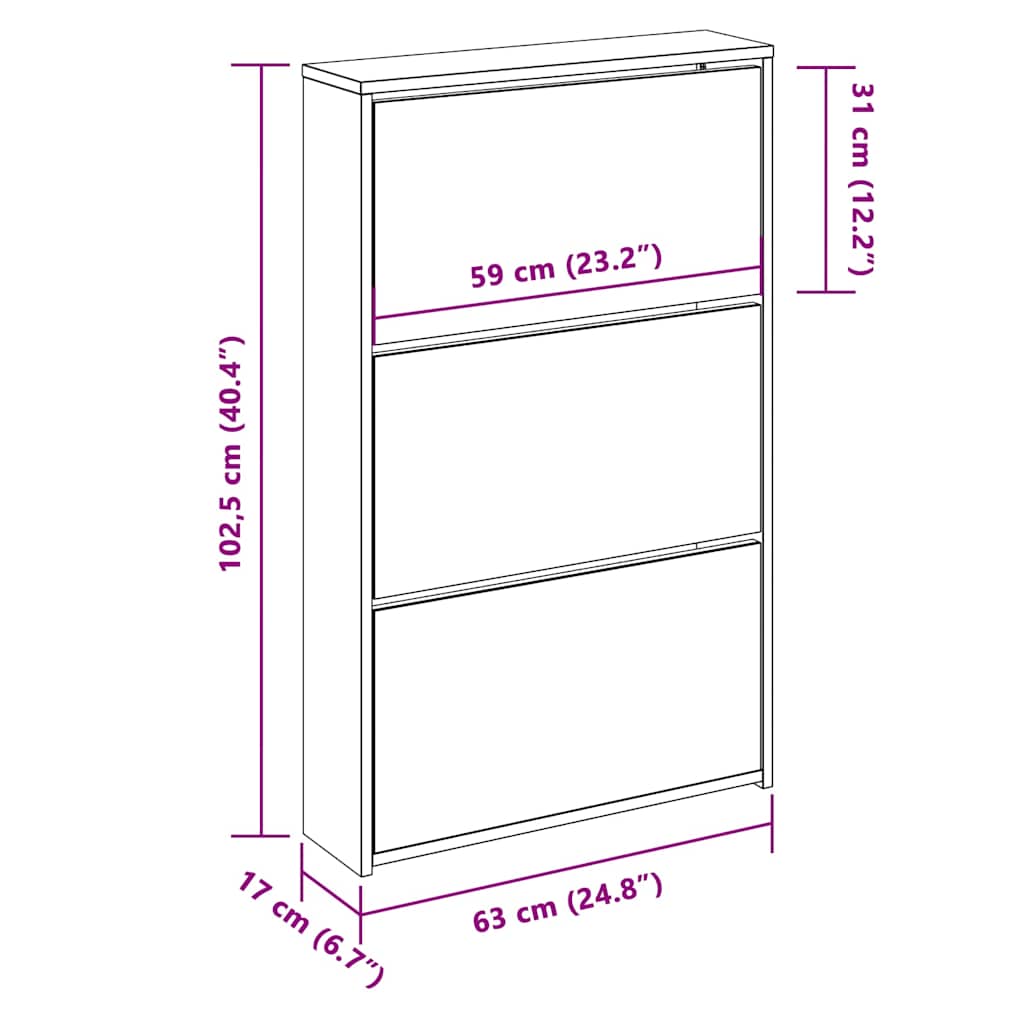Shoe Cabinet with Mirror 3 Tier Black 63 x 17 x 102.5 cm