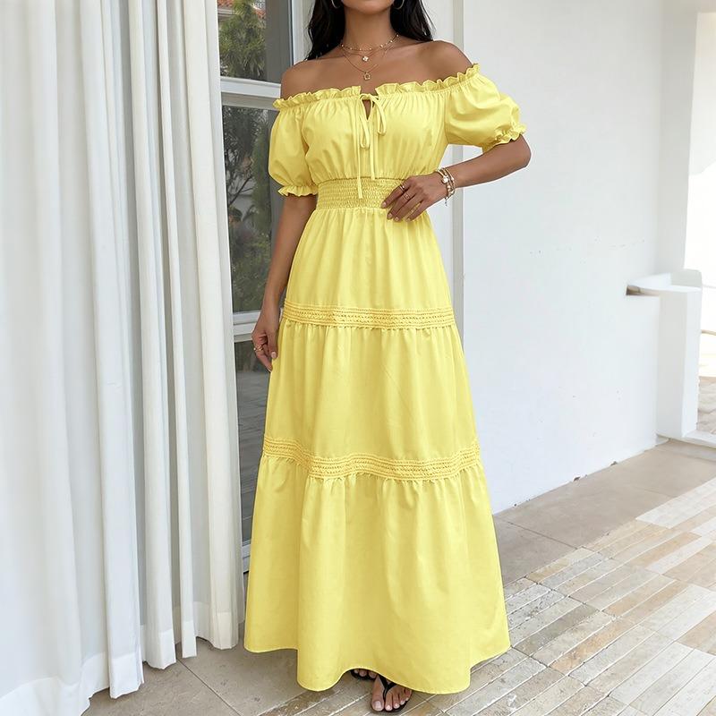 Women Off Shoulder Short Sleeve Lace Up Solid Yellow Maxi Dress