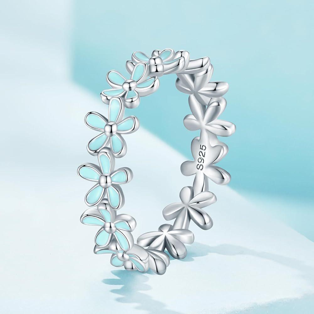S925 Sterling Silver Ring Women's, Small Blue Flower Premium Flower Ring Jewelry