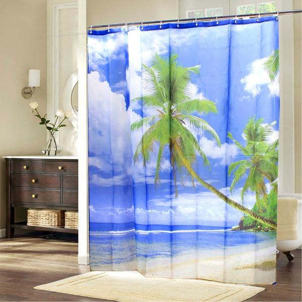Beach 18x18m Hawaii Coconut Printed Bathroom Waterproof Polyester  Thicken Curtain Shower