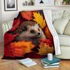 A Cozy And Warm Autumn Decoration Featuring a Hedgehog And Maple Leaves Flannel Blanket, Made of Soft Polyester with Digital Printing, Suita