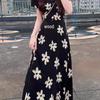 Elegant French Style Black Floral V-Neck Dress for Women - Slimming & Tummy Concealing