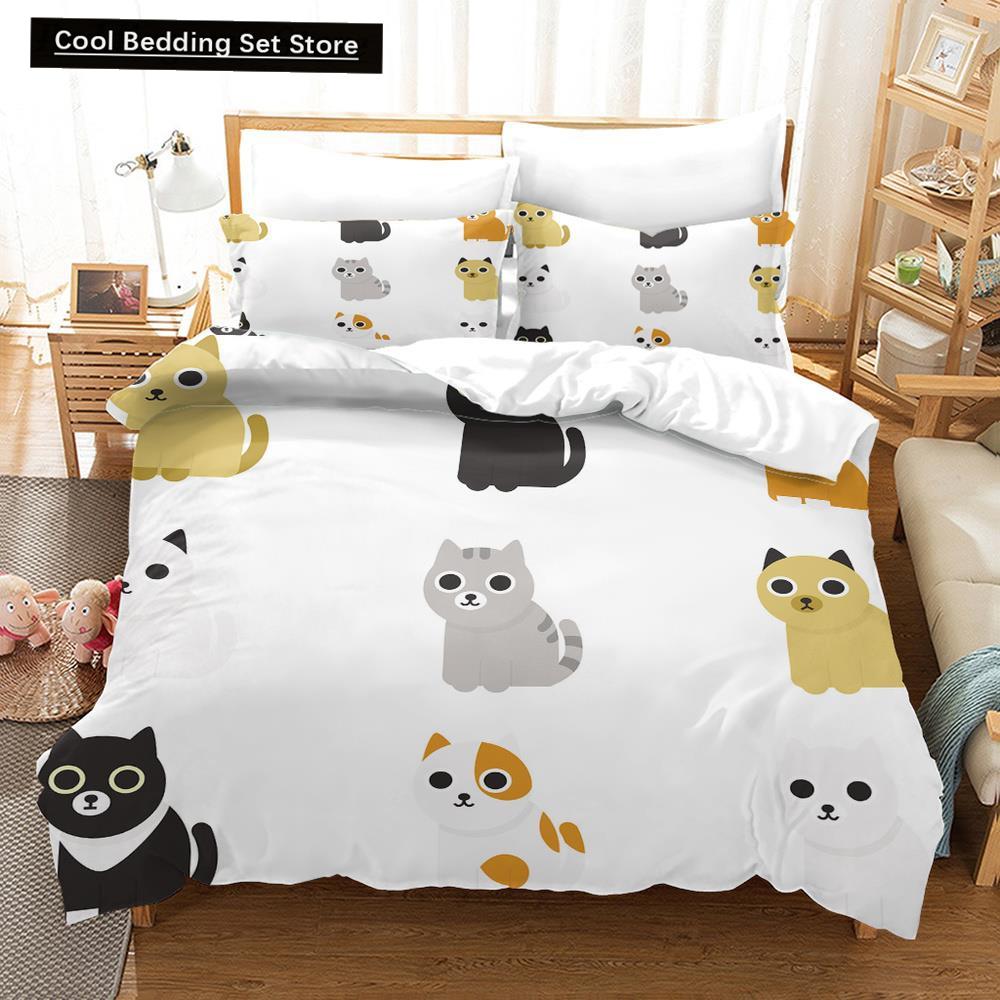 Cartoon Cat King Full Queen Duvet Cover Lovely Pet Kitty Bedding Set Animal Quilt Cover 2/3pcs Purple Polyester Comforter Cover