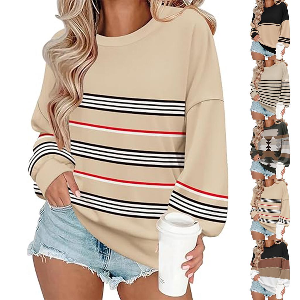 Ladies' Striped Printed  And Winter Sportswear Pullover Top, Loose Hoodie, Long Sleeved Casual