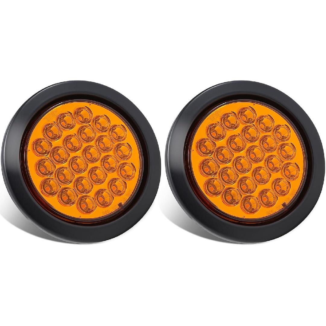 2Pcs 4 Inch Round Amber Strobe Lights 24 LED Trailer Tail Lights Amber 4 LED Strobe Light Stop Turn Tail Light Brake Lights for Trailer Truck 10-30V