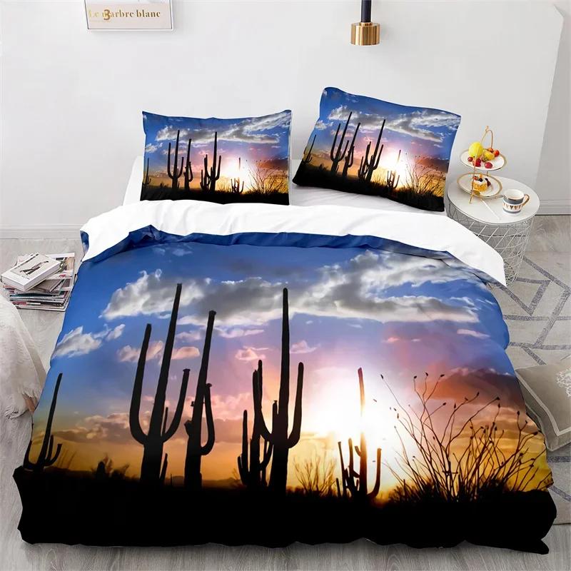Cactus Duvet Cover Tropical Desert Plant Queen Comforter Cover Mountain Sunrise Bedding Set Microfiber Quilt Cover For Kids Teen