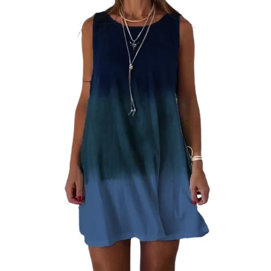 Women Summer Dress Gradient Contrast Color Sleeveless A-line Loose Round Neck Vest Type Daily Vacation Homewear
