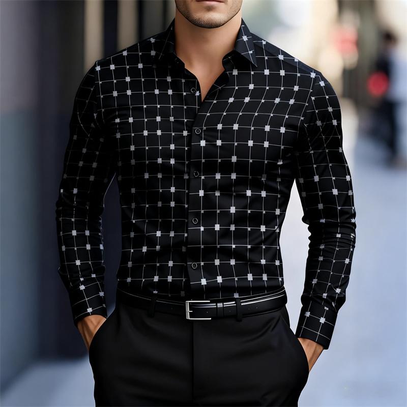 Men's Stylish Geometric Square Print Long-sleeved Shirt, Slim Fit Business Casual Shirt