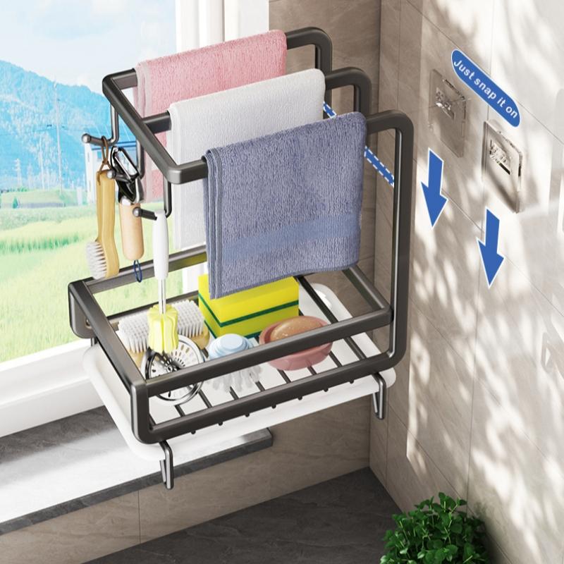 Kitchen Dishcloth Storage Rack Rag Holder Dish Brush Drying Hanger with Removable Drain Pan Dishwashing Cloth Sink Drain Rack