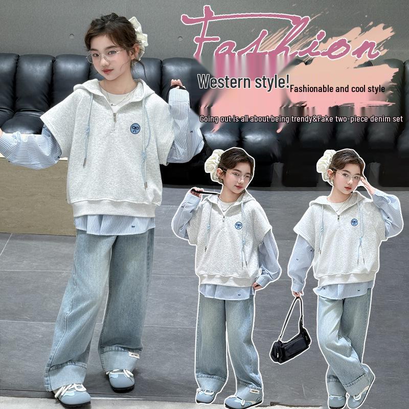 Girls' Spring & Autumn Korean-Style Two-Piece Sweatshirt and Jeans Set (2025)
