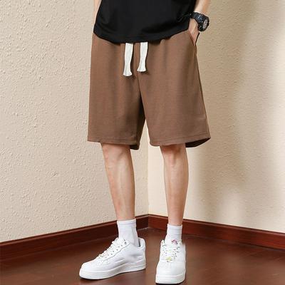 Men Shorts Solid Color Mid Waist Summer Shorts Waffle Texture Deep Crotch Drawstring Male Shorts Loose Knee Length Casual Short