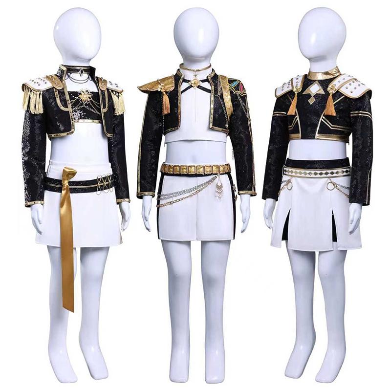 Anime K-POP Caçadores de Demônios Crianças Meninas Fantasia Cosplay Rumi Zoey Mira Roupa Infantil de Role Playing Festa Uniforme Preto Dourado Brilhante