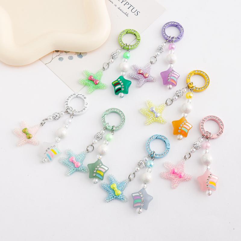 Starfish Beaded Keychain Imitation Pearl Acrylic Pentagram Keyring Girls Earphone Case Phone Decor Ornaments