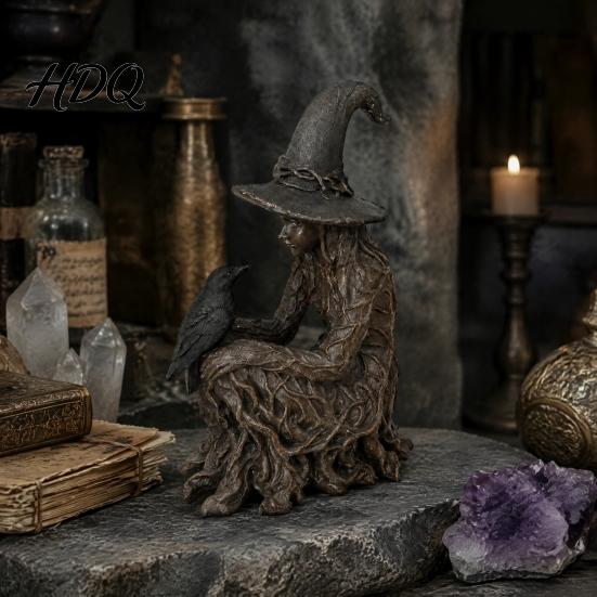 Statua Decorativa Strega Statua Albero di Halloween Statuetta Corvo Gotico Resina Arte Fantasy Collezionabili Ornamento Oscuro Affascinante Festa Festiva
