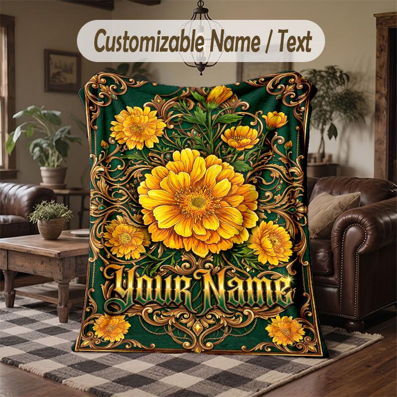 Golden Floral Elegance 2 Theme Throw Blanket Custom Name Text Personalized Blanket Soft Cozy Blanket for Home Sofa Bed