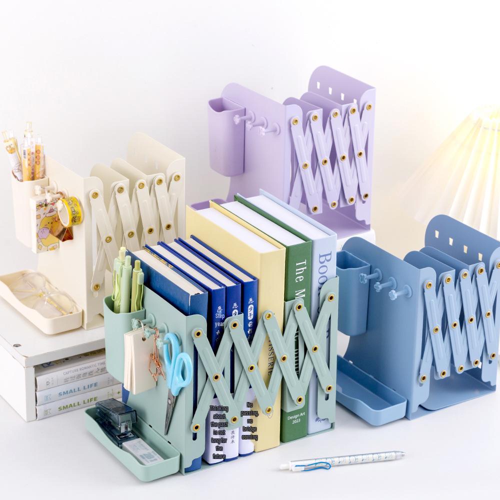 Telescopic Metal Book Stand with Pencil Case for Office Desktop Storage