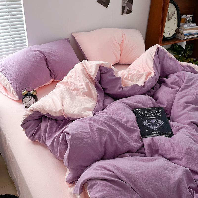 Super Soft Bed 4Pcs Set, Pure Washed Cotton Quilt Cover, Bed Sheet Full Quilt Cover, Bed Hat Student Three 4-Piece Set