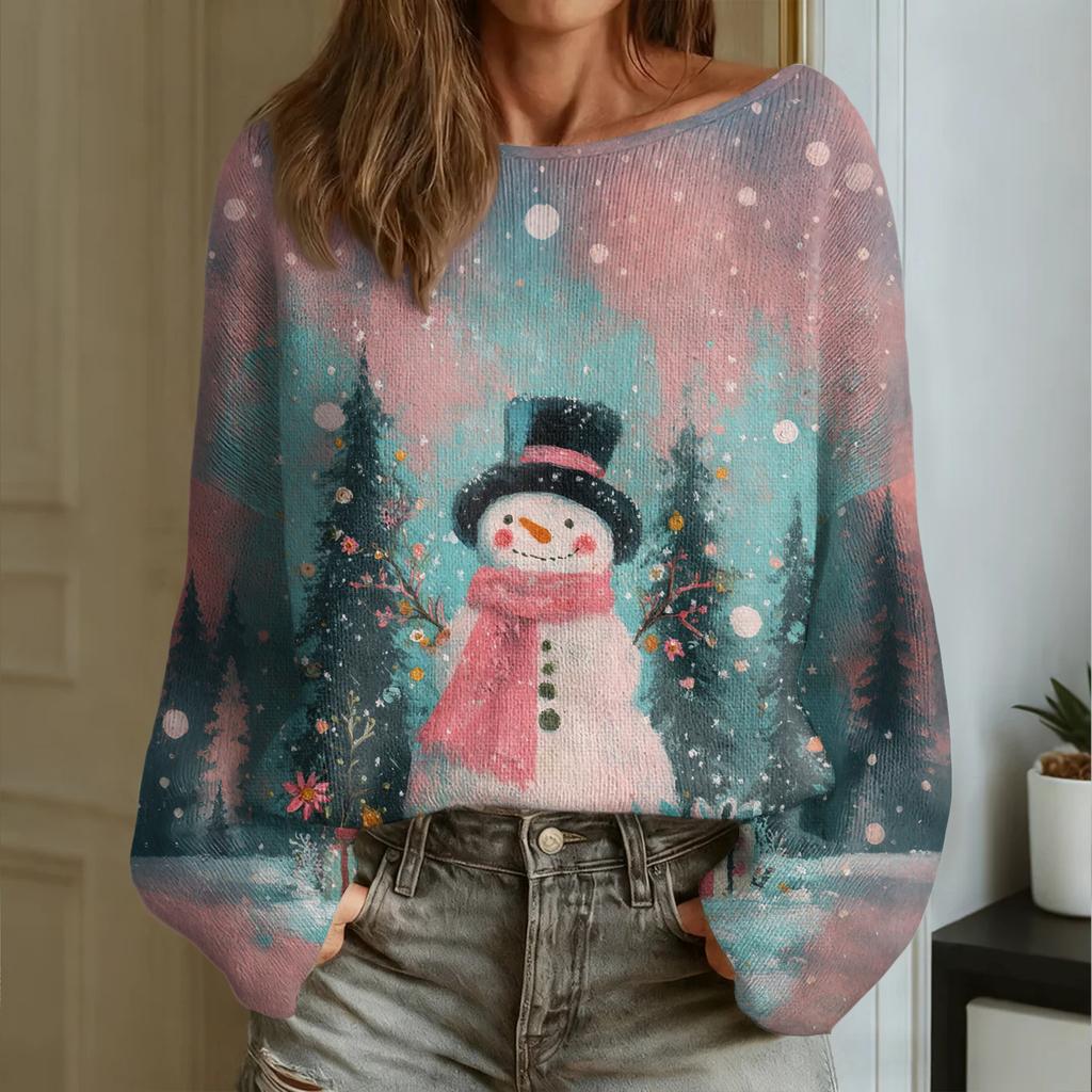 Women's Fashion Round Neck Long Sleeve Christmas Print Casual Pullover Sweater Top