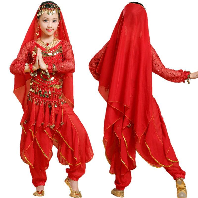 Costume da Danza Indiana per Bambini: Costume per Esibizione di Danza del Ventre e Minoranze dello Xinjiang per Bambina