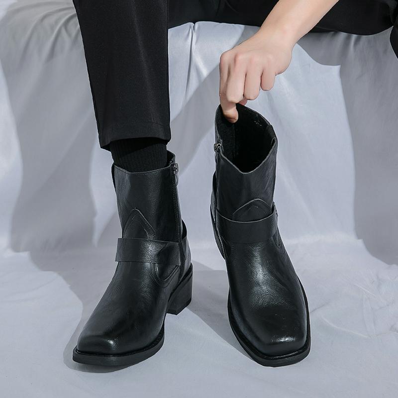 Men's Leather Chunky-Heeled Ankle Boots  Side Zipper Outdoor Casual Walking Boot  Anti-Slip Business Boots For Autumn And Winter