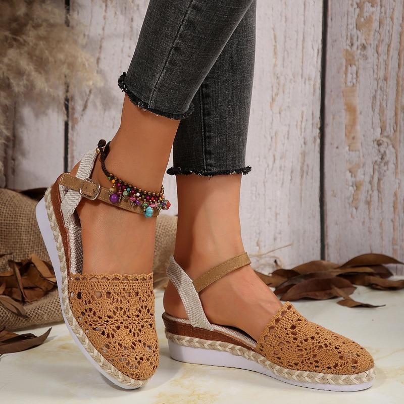 Large size wedge heel women's sandals summer new bag head woven hollow one-word buckle women's sandals