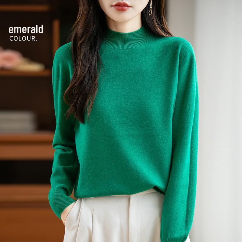 Elegant Autumn Velvet Knit Half-High Neck Sweater for Women - Long Sleeve, Loose Fit Pullover
