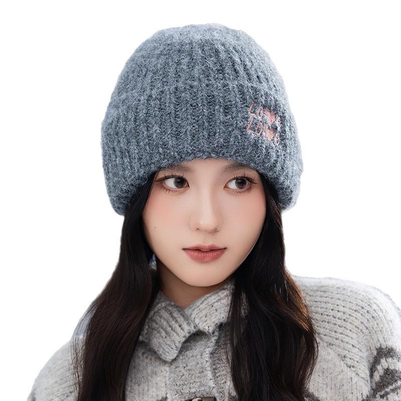 Korean Version of Letters LOVE Plus Velvet Warm Wool Hat Autumn and Winter Versatile Windproof Ear Protection Head Hat Big Head Circumference Pile Hat