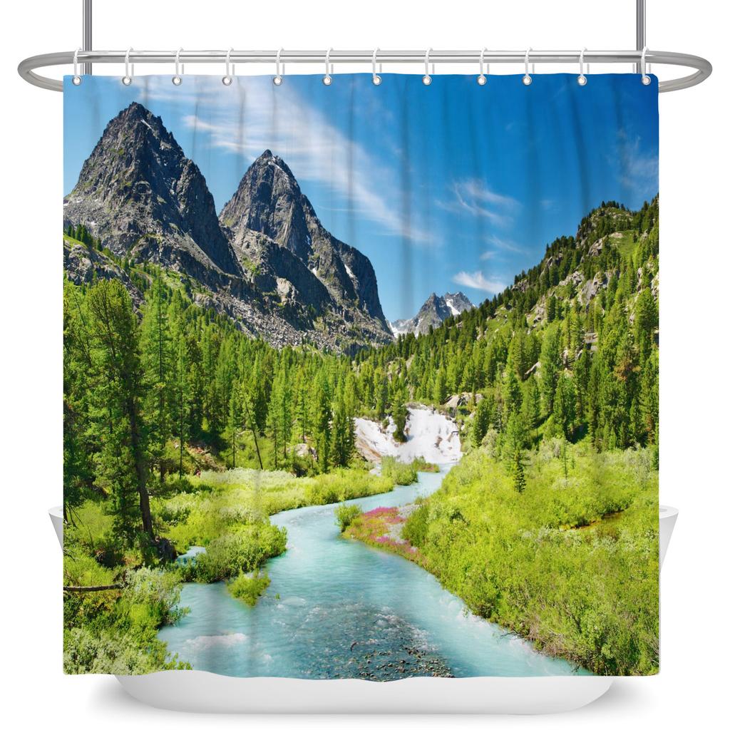 Garden Path Shower Curtain with 12 Hooks Realistic Forest Landscape Butterflies Waterproof Polyester Bathtub Bathroom Curtain