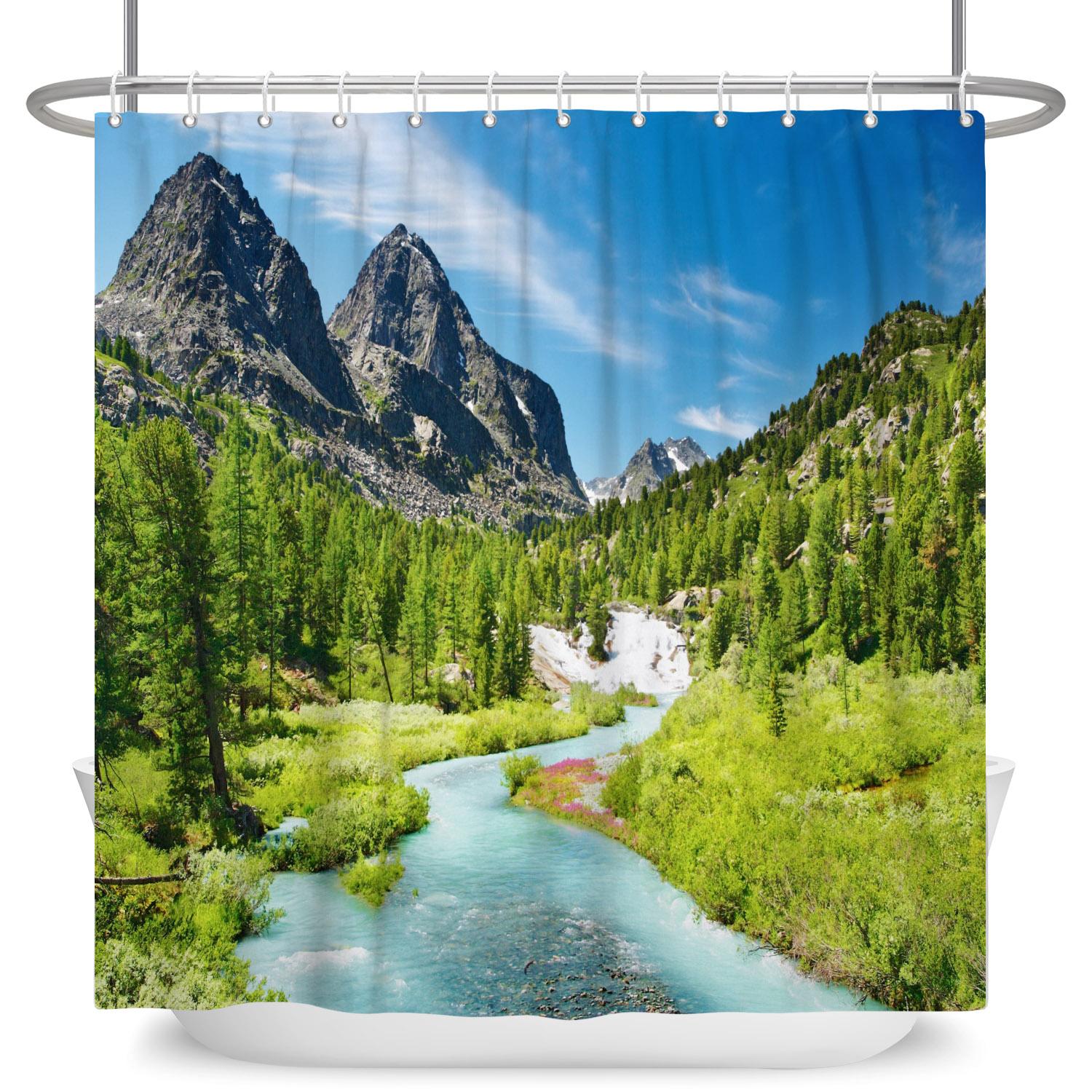 

Nature Landscape Shower Curtain Mountain River Farm Print Waterproof Bath Curtain For Bathroom Decor Polyester Fabric With Hooks W90cm x H180cm