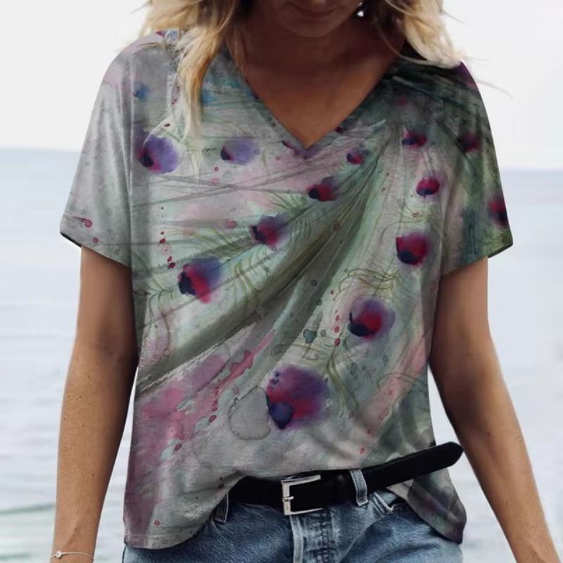 Summer V Neck Women T-Shirts 3D Print Peacock Feather Graphic Fashion Short Sleeve Harajuku Y2k Top Oversized Casual Female T Shirt