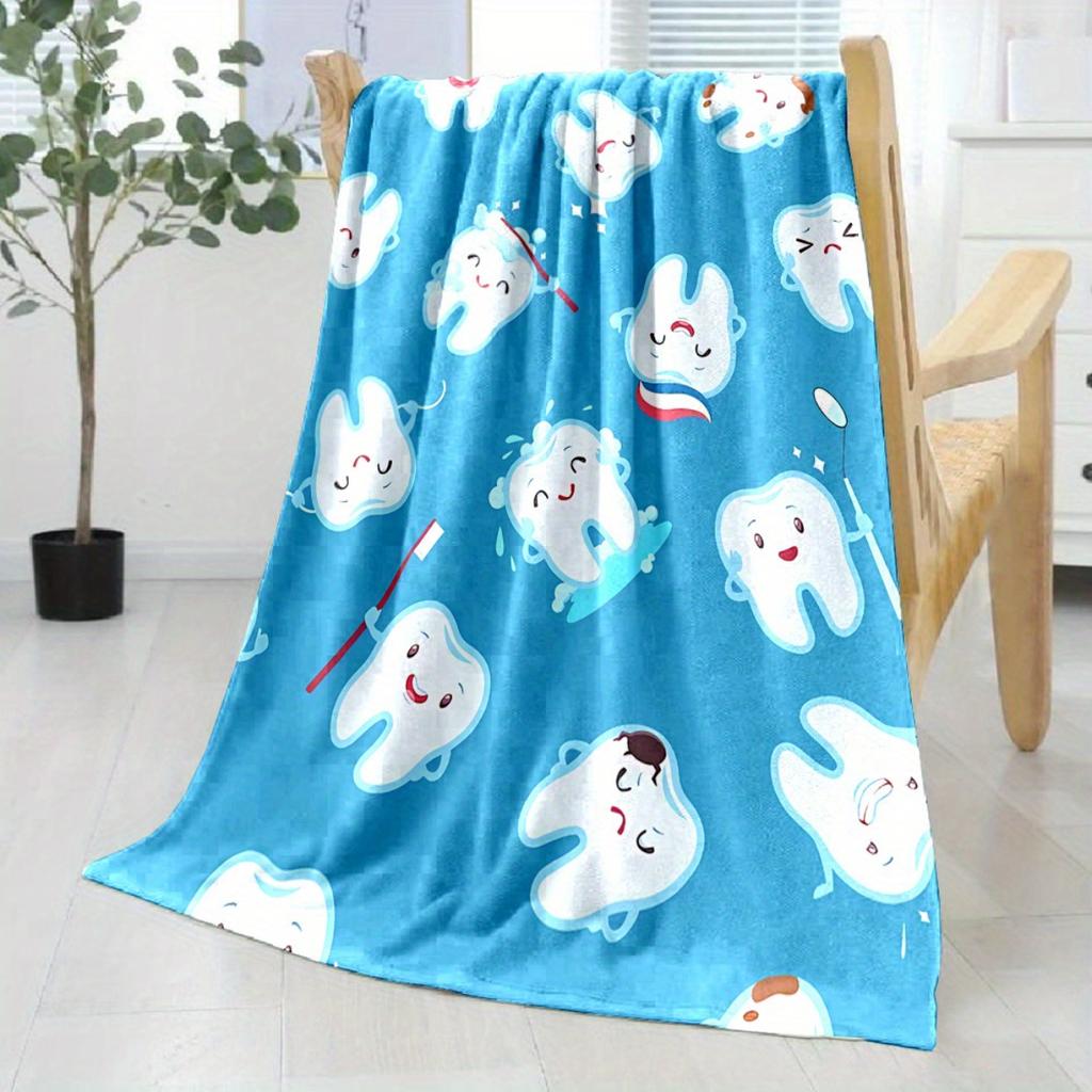 Ocean Theme Cartoon Teeth Print Flannel Blanket - For Bed, Sofa, Office, Travel, Gift, Decoration, Chair, Cozy And Warm