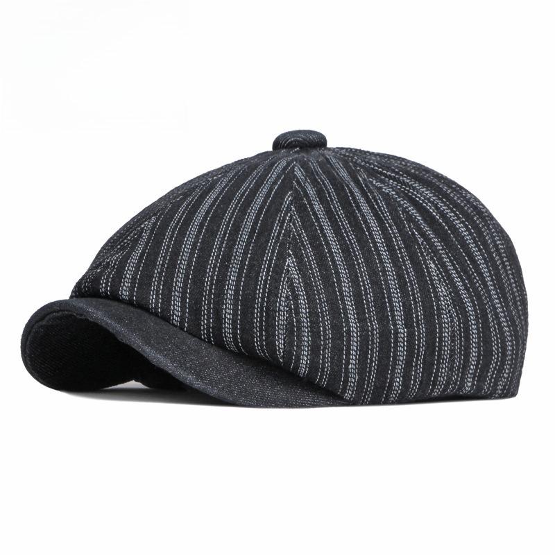 Vintage Striped Washed Denim Newsboy Cap Men Women British Retro Octagonal Beret Autumn Fashion Painter Hat Casual Peaked Cap