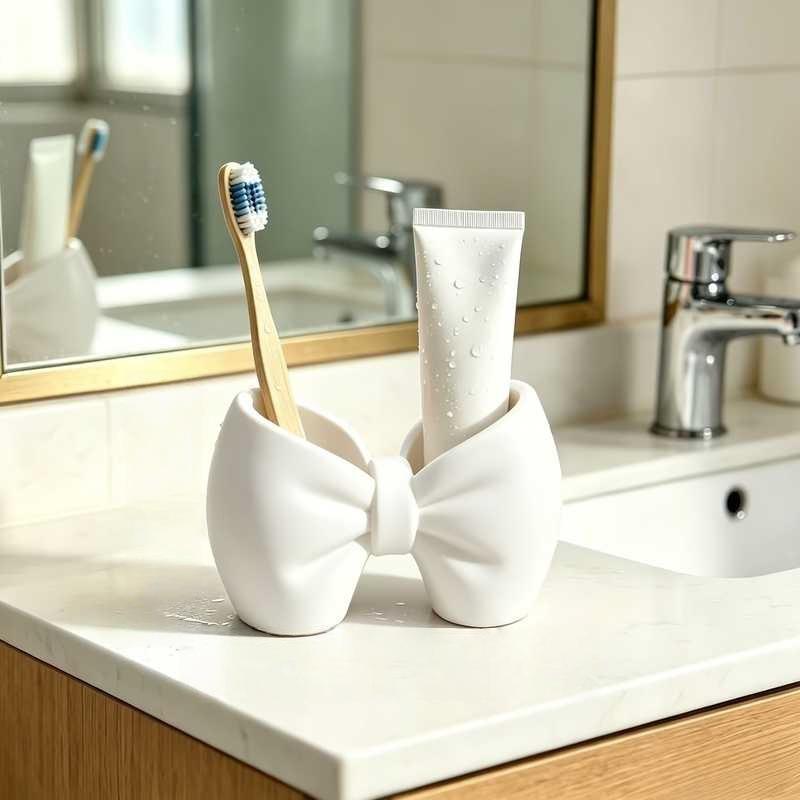Cute Bow Shaped Cosmetic Brush Organizer Multifunctional Desktop Holder for Vanity Desk Office Stationery Storage