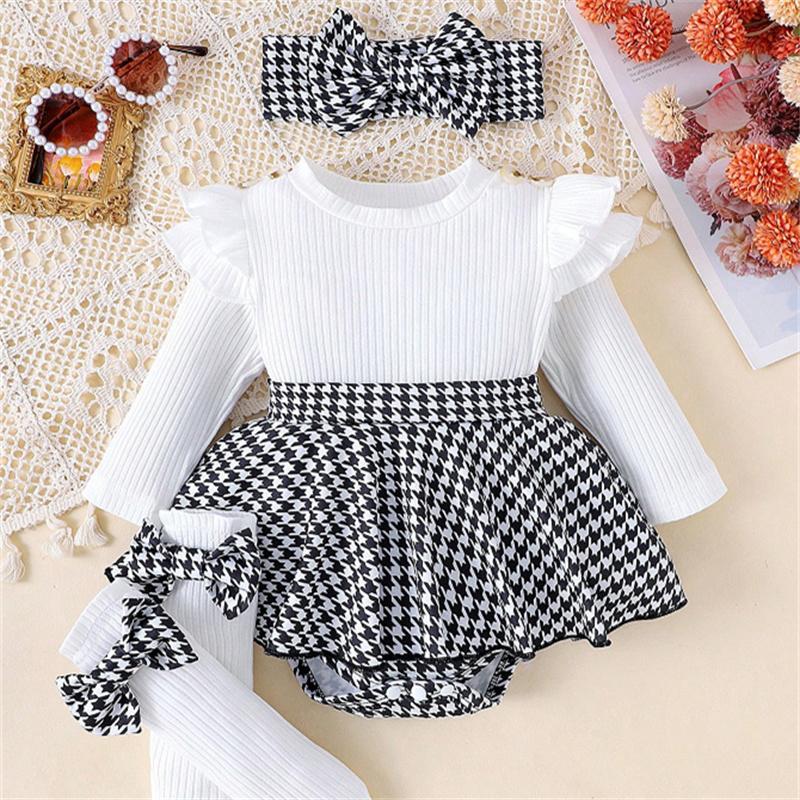 2-teiliges Set für Babys im Alter von 0–1 Jahren im Herbst. Bequemes, süßes und niedliches schwarzes Oberteil + Hahnentrittrock + Haarband.