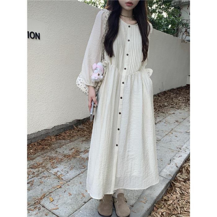 Autumn dress pleated long-sleeved dress women s new design sense high waist loose long A-shaped skirt tide S