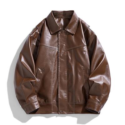 American Fashion Brand Spring and Autumn New PU Leather Jacket Men's Jacket Lapel Motorcycle Jacket Versatile Trendy Jacket for Men