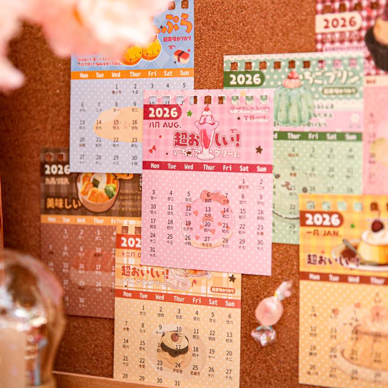 2026 Vintage Japanischer Tischkalender Mini Monatsplaner zum Aufstellen Retro Cartoon Snack Tablet Kalender Bürodeko Journal