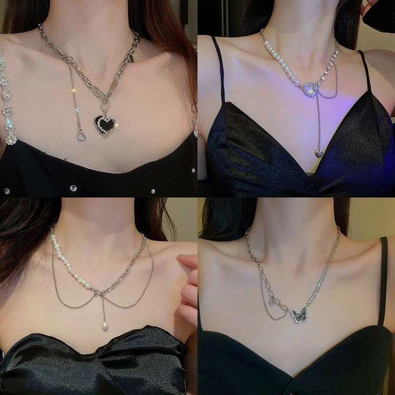 Korean cold wind diamond love pearl necklace Internet celebrity niche design temperament collarbone chain necklace women