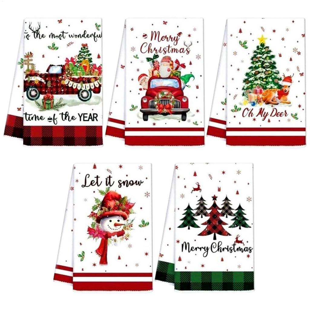 5 Stück Weihnachts-Küchentücher Festliches Geschirrtuch Weihnachtsmann Elch Schneemann Wichtel Weihnachtstücher für Feiertagsparty Zuhause Essen