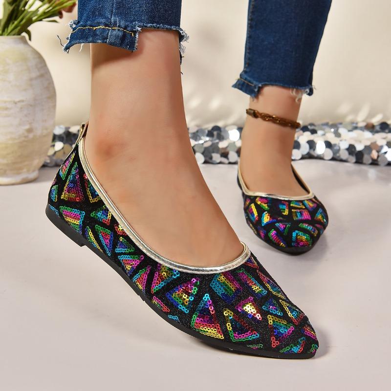 Flat Single Shoes Summer New Pointed Head Shallow Mouth Glitter Cloth Shallow Mouth Soft Sole Non-slip Low Top Shoes