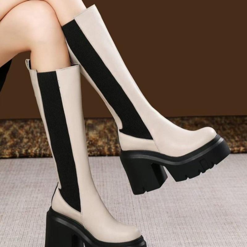 Fashion 2025 Autumn and Winter New Chunky Heel Long-thigh Boots Color-block Small Women's Fashion Knee-high Boots