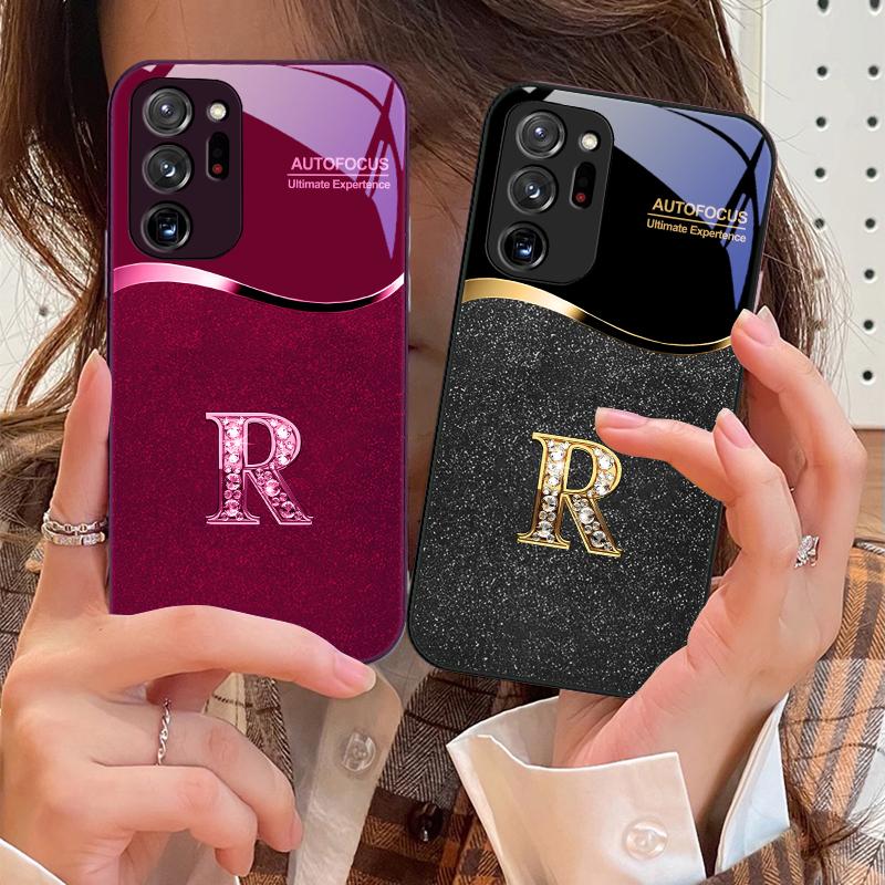 Golden edged letter R For Samsung M 02 12 Note 8 9 10 20 A 01 A02 A03 Core 04 A05 06 10 12 13 14 15 A16 glass Ultra phone case